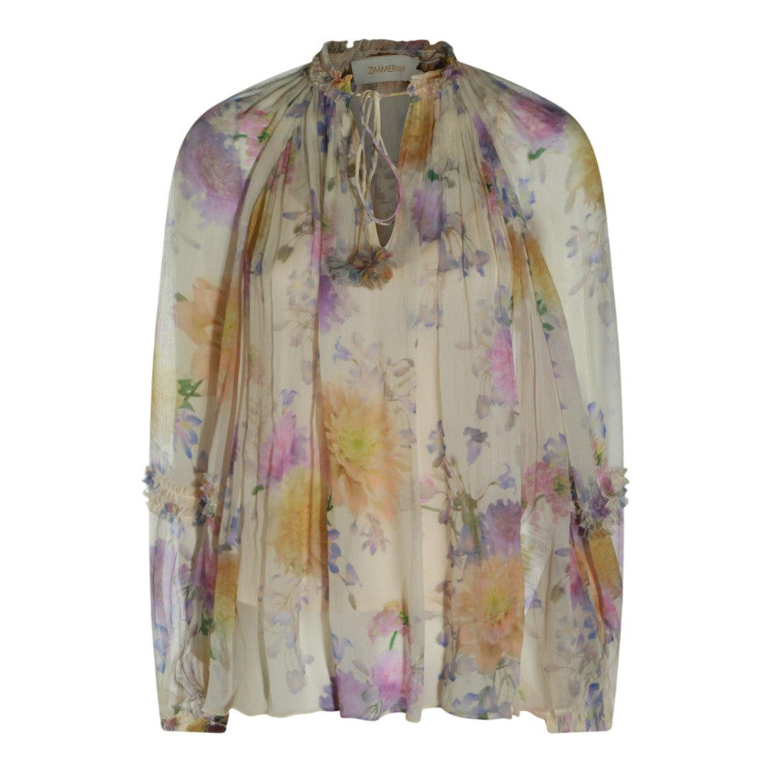 Zimmermann Sheer Floral Blouse With Gathered Neckline And Tie Closure