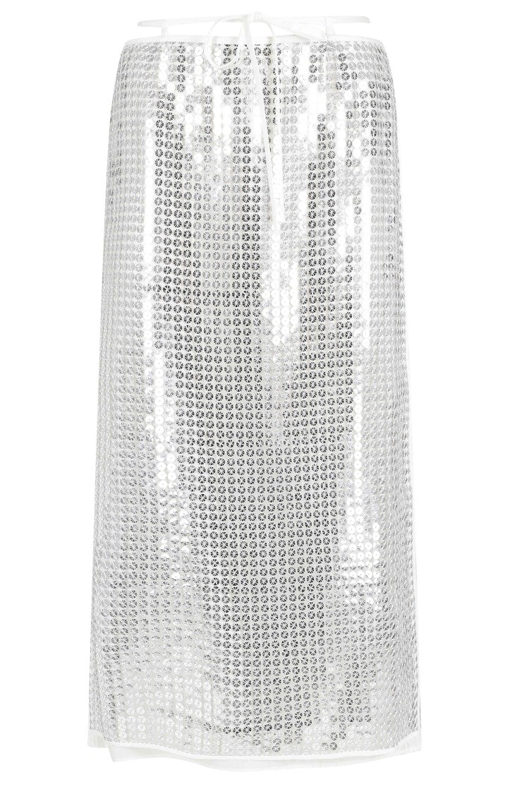 Isabelle Blanche Sequined Silver Waist Bow Midi Skirt