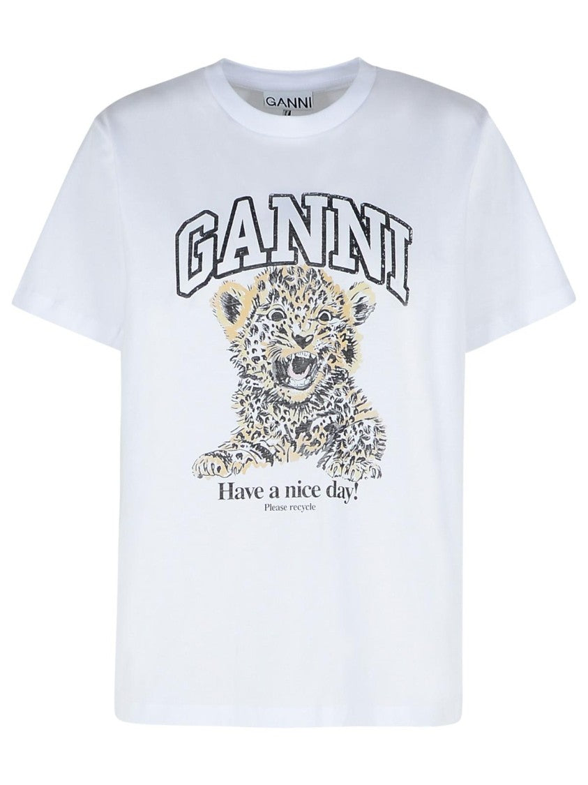 Ganni Leopard' White Cotton T-Shirt
