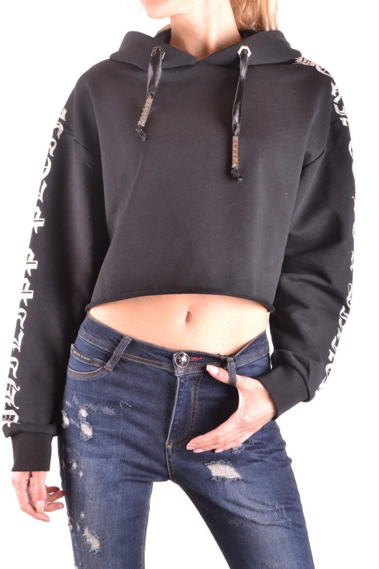 Philipp Plein Cropped Black Hoodie With Gothic Text
