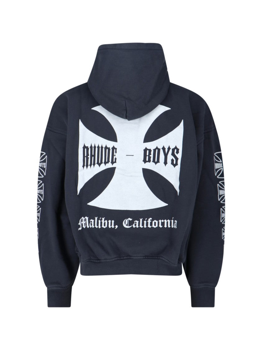 Rhude Contrast Print Black Hoodie With Kangaroo Pocket