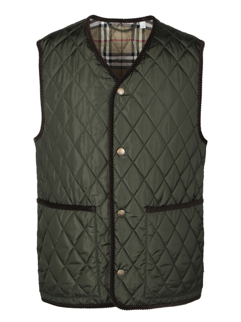Burberry Quilted Green Gilet With Distinctive Button Closure