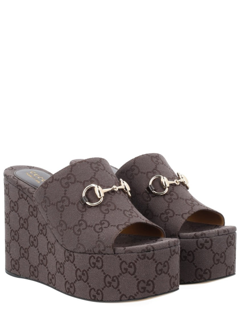 Gucci Gg Monogram Horsebit Fabric Wedge Sandals
