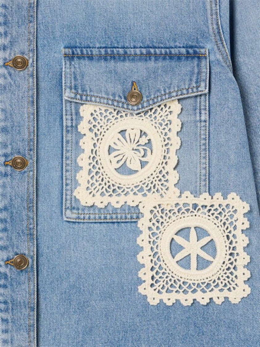 Alanui Island Diary Light Blue Crochet Denim Overshirt