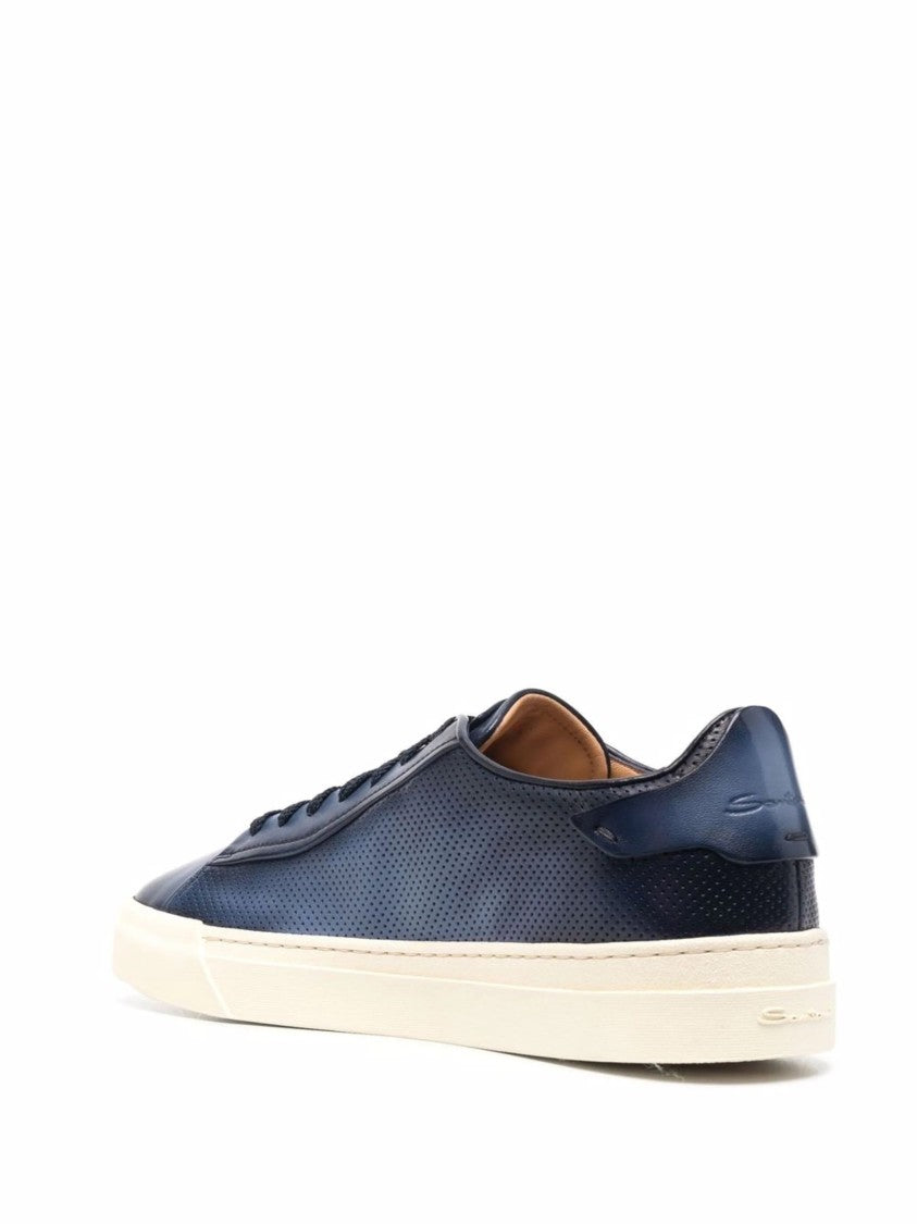 Santoni Perforated Blue Leather Trainers With Rubber Sole