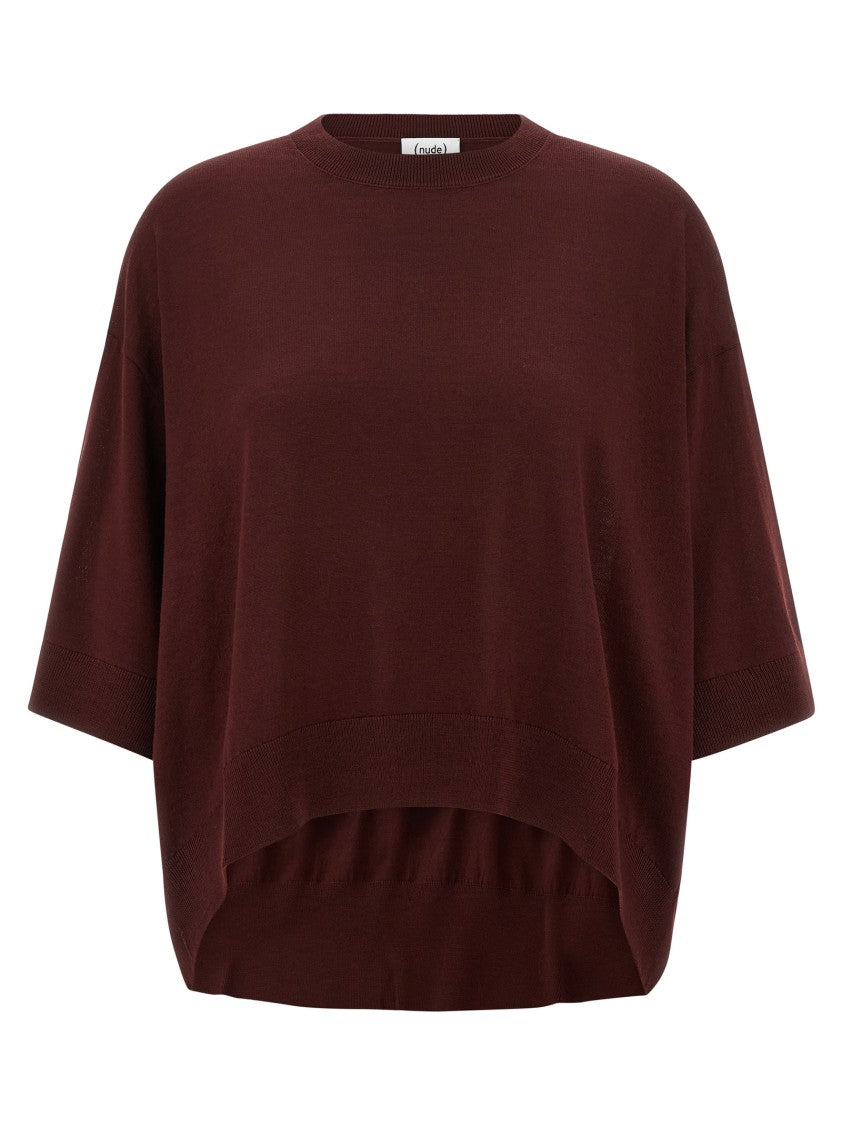 Nude Cropped Wool Sweater With Crew Neck And Asymmetrical Hem