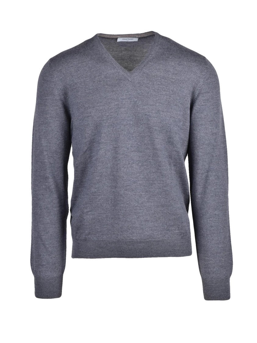 Gran Sasso V-Neck Sweater In 100% Virgin Wool With Ribbed Details