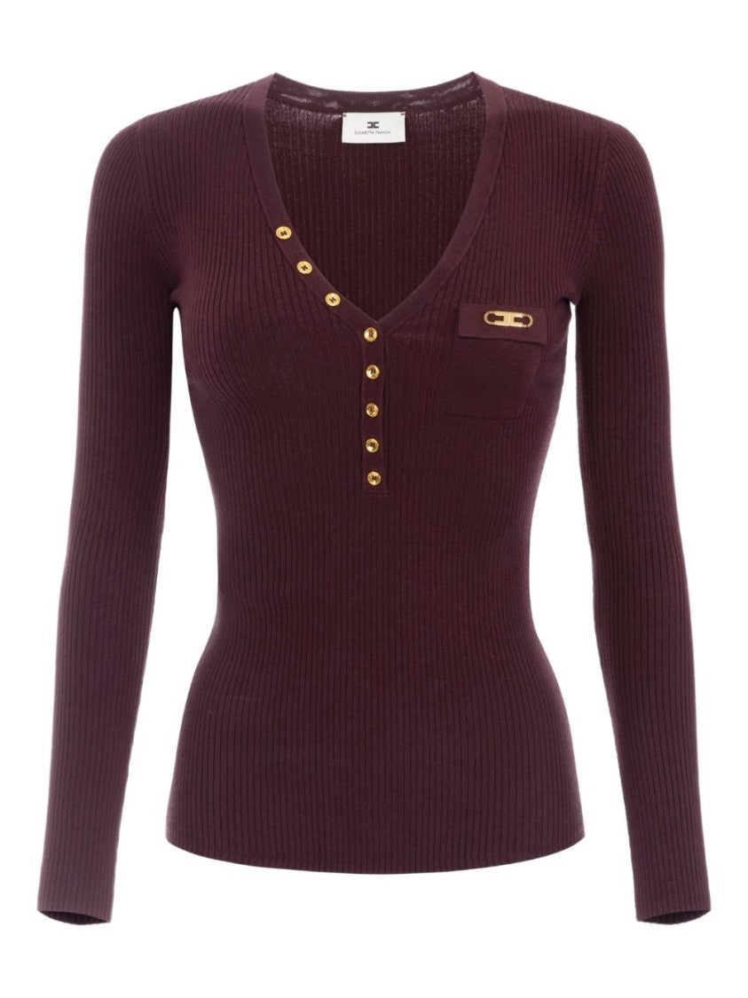 Elisabetta Franchi Fitted Burgundy Sweater With Deep V-Neckline