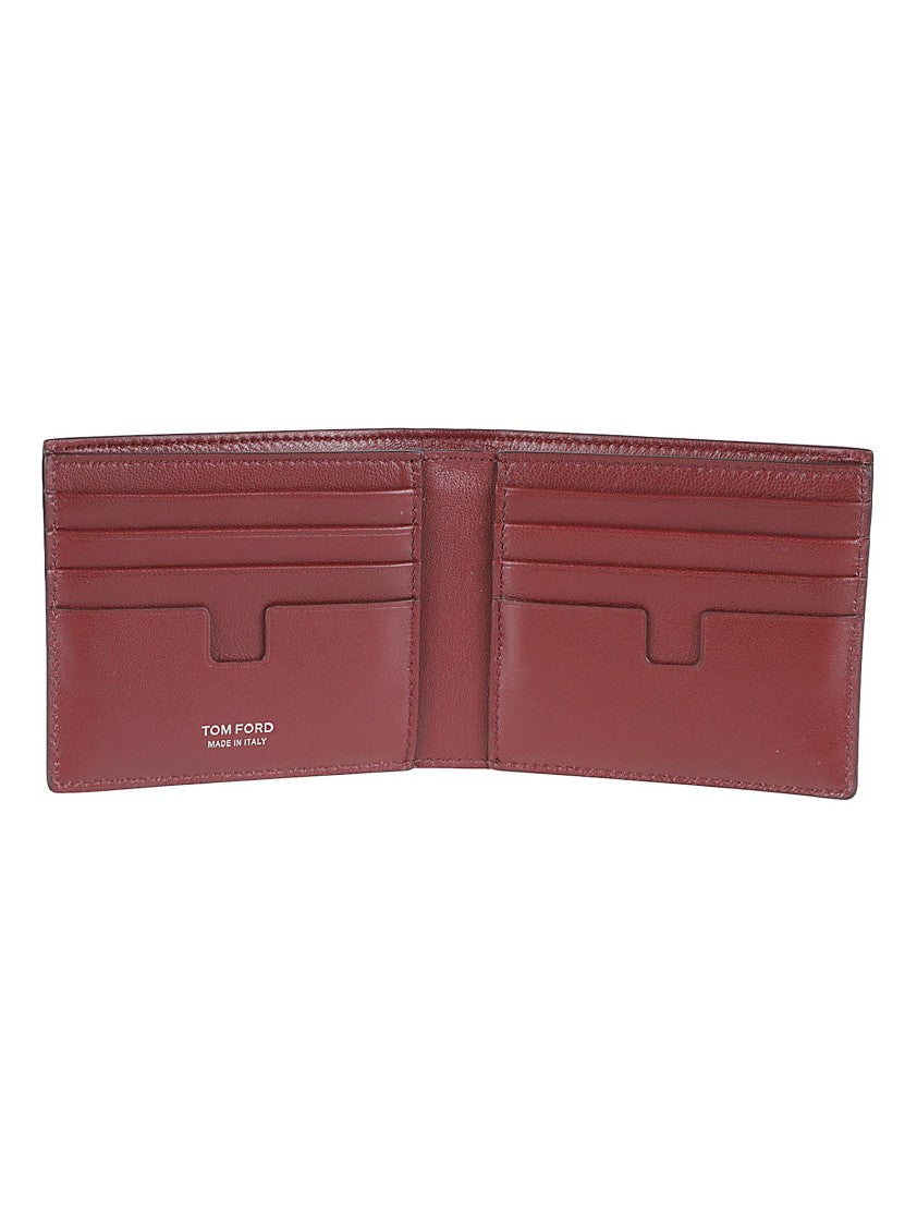 Tom Ford Textured Bifold Wallet In Glossy Deep Red Calf Leather