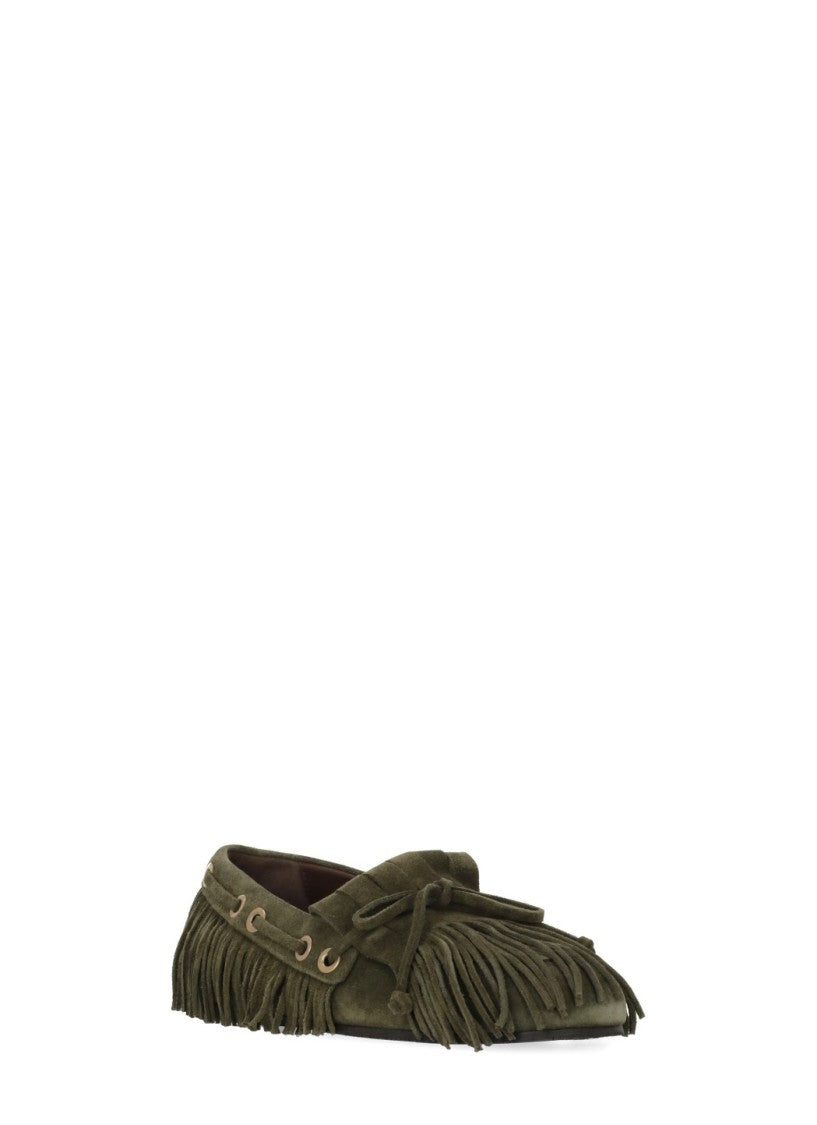 Etro Fringed Green Suede Moccasin With Bow