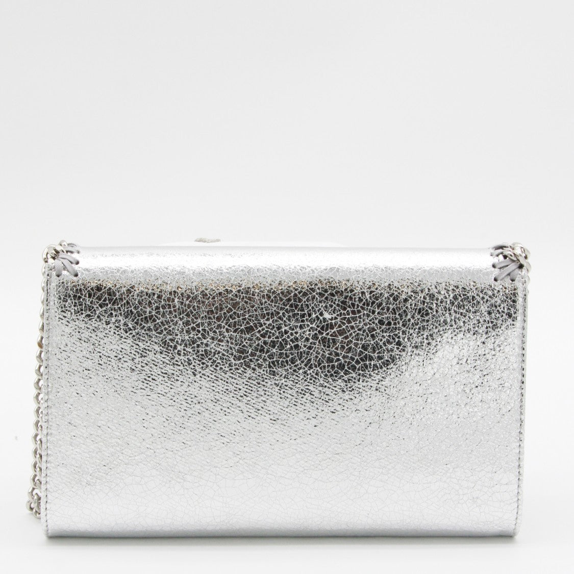 Stella Mccartney Rectangular Metallic Silver Cracked Texture Bag With Silver Chain Accents