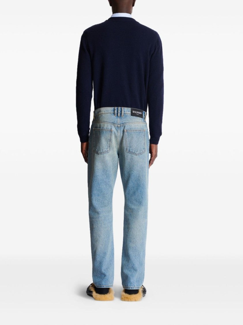 Balmain Blue Whiskering Straight-Leg Jeans