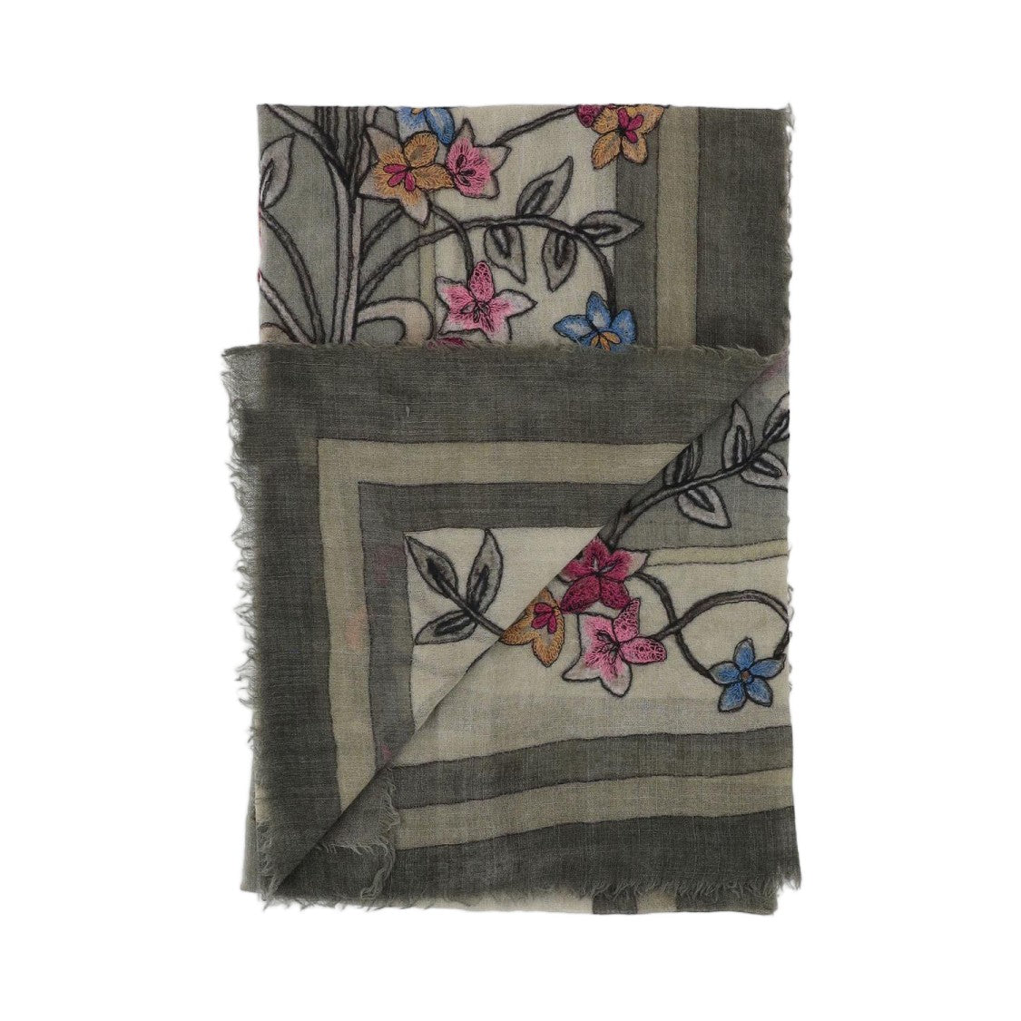Faliero Sarti Rectangular Wool Scarf With Floral Embroidery And Fringed Edges
