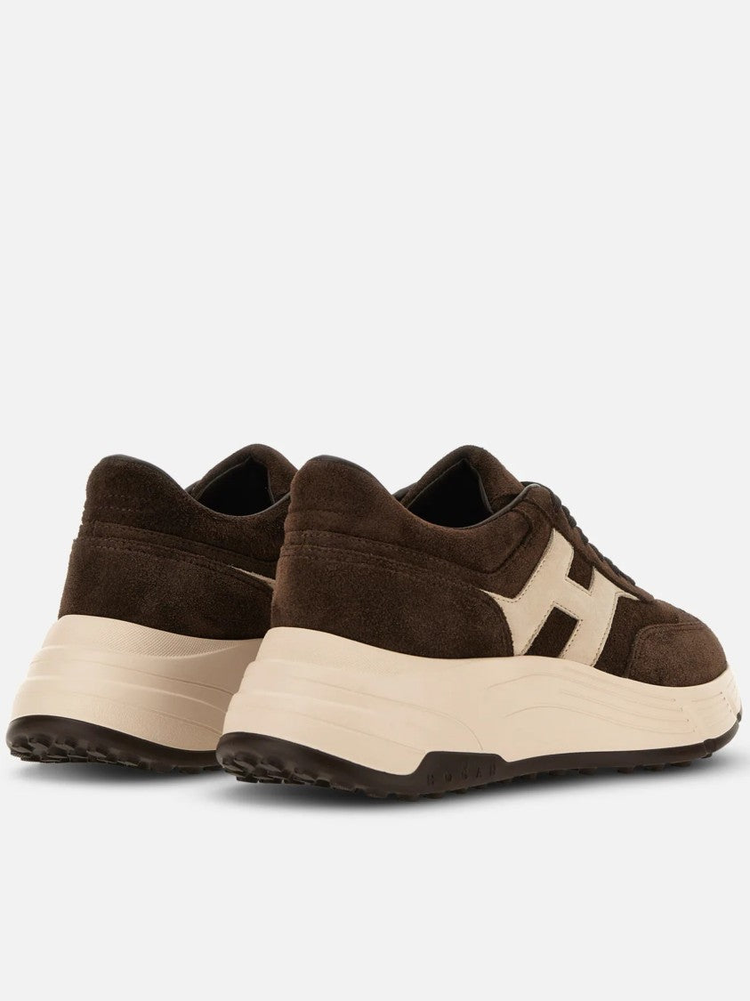 Hogan Dark Brown Suede Sneakers With Beige Logo And Cream Sole
