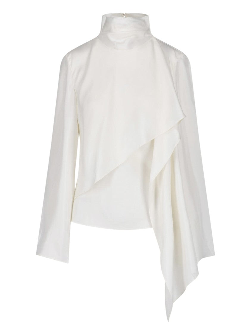 Róhe Cream High Collar Draped Cape Silk Top