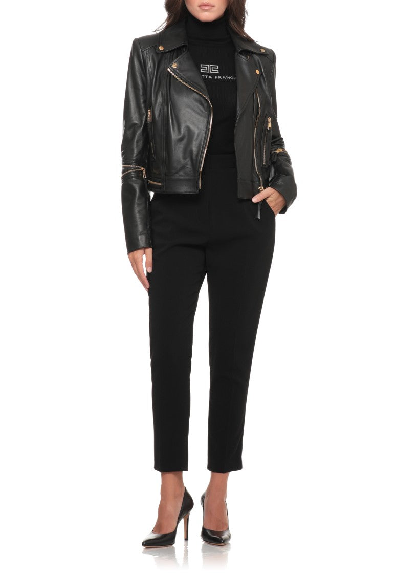 Elisabetta Franchi Cropped Black Leather Jacket With Gold Zipper Details
