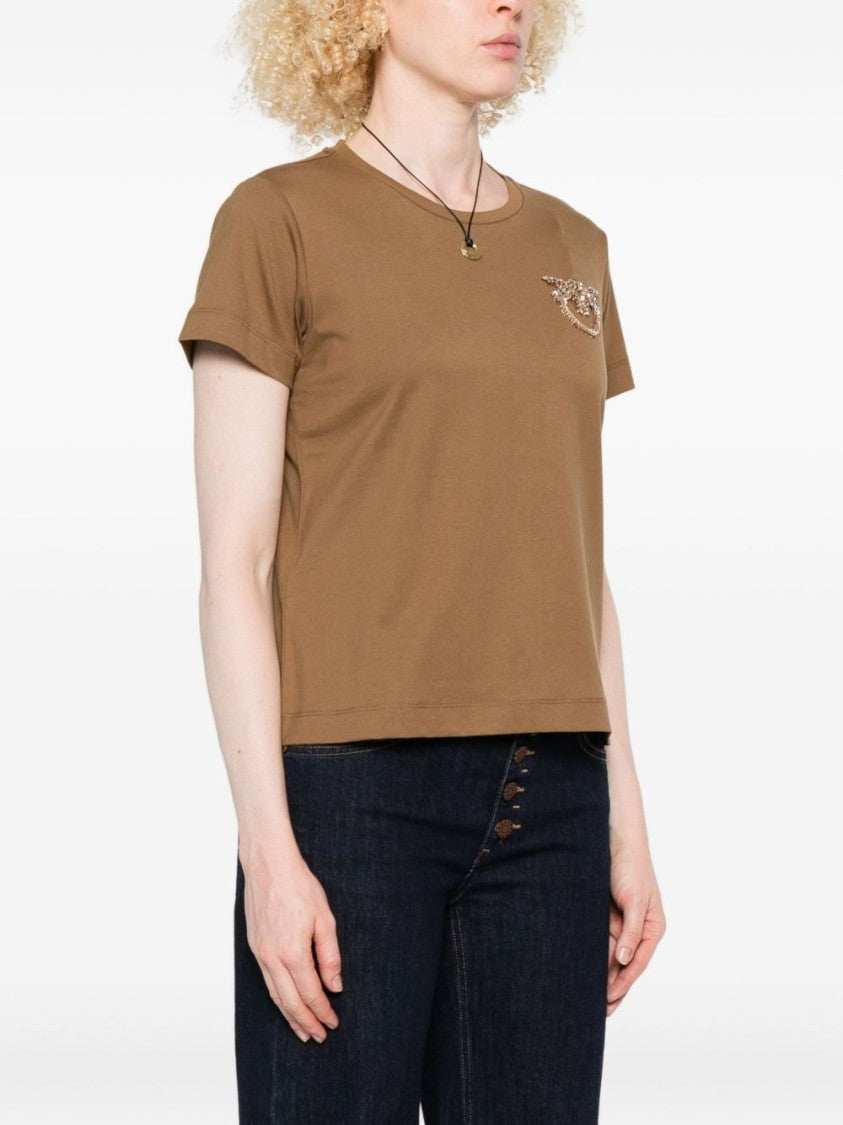 Pinko Cropped Brown Cotton T-Shirt With Decorative Emblem