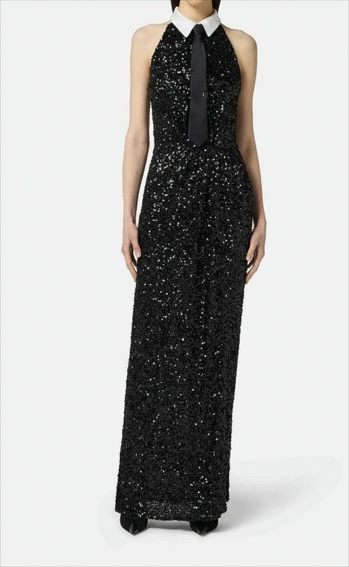 Elisabetta Franchi Full Sequined Evening Dress With Shirt Collar
