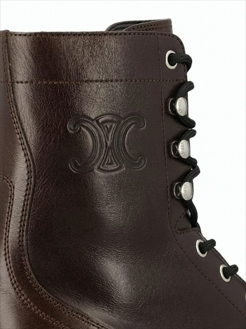 Celine Deep Brown Calf Leather Lace-Up Boots With Rugged Sole