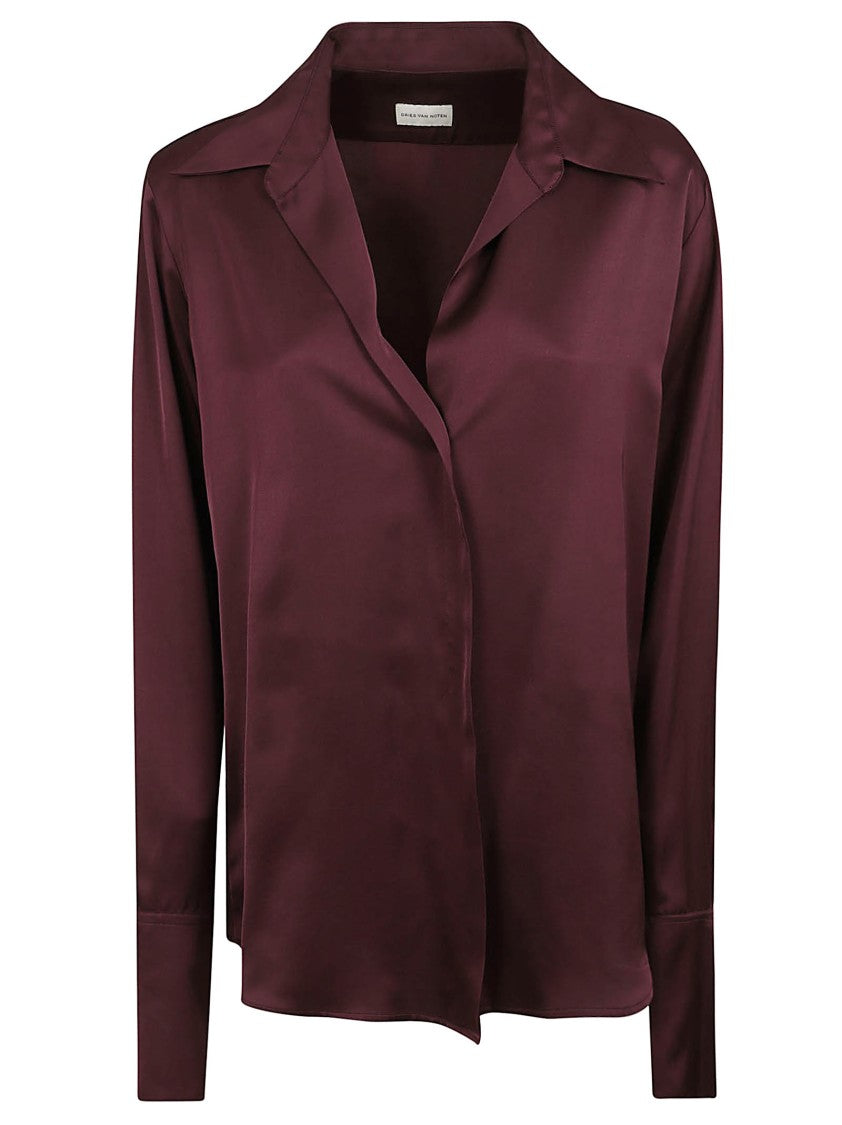 Dries Van Noten Silk Satin V-Neck Shirt With Fluid Fit