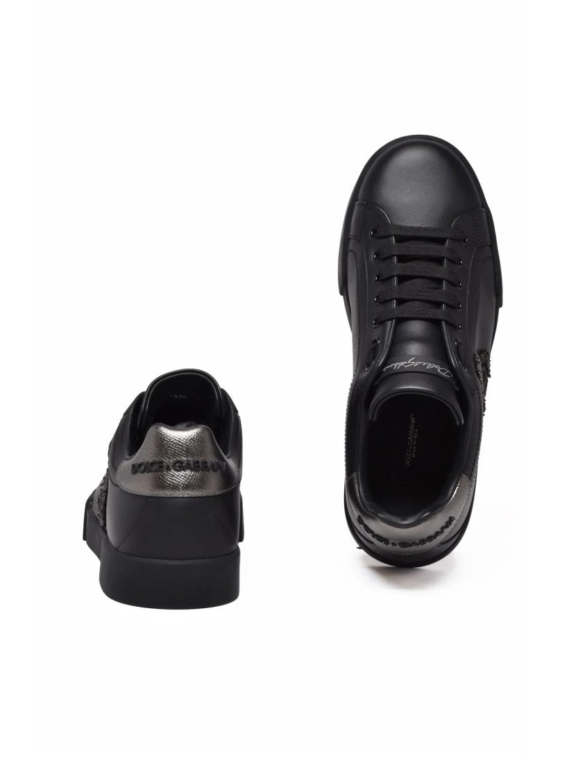 Dolce & Gabbana Black Dauphine Crest Leather-Blend Low-Top Sneakers