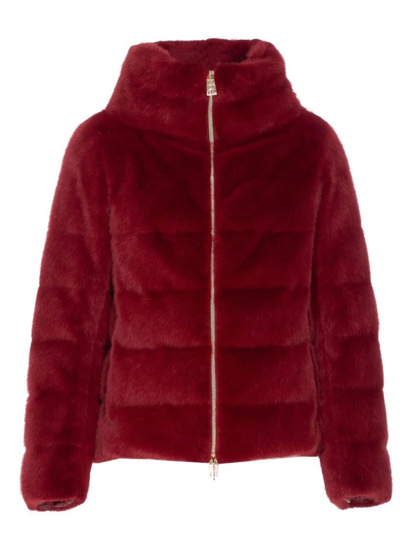 Herno Plush Red Synthetic Fur Jacket With High Collar