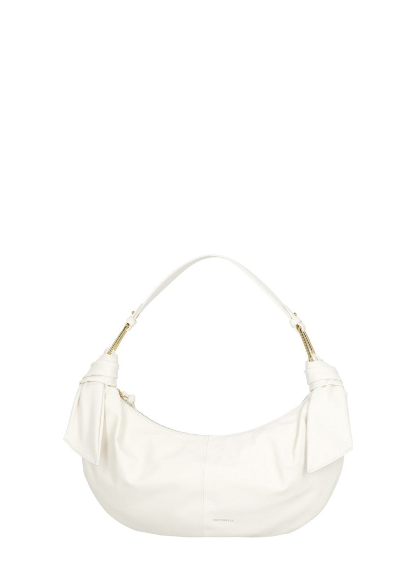 Coccinelle Crescent-Shaped Ivory Leather Shoulder Bag With Golden Hardware