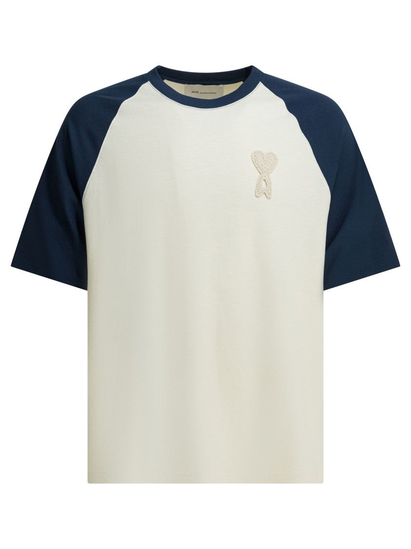 Ami Paris Raglan T-Shirt In Cream With Navy Blue Sleeves And Heart Emblem