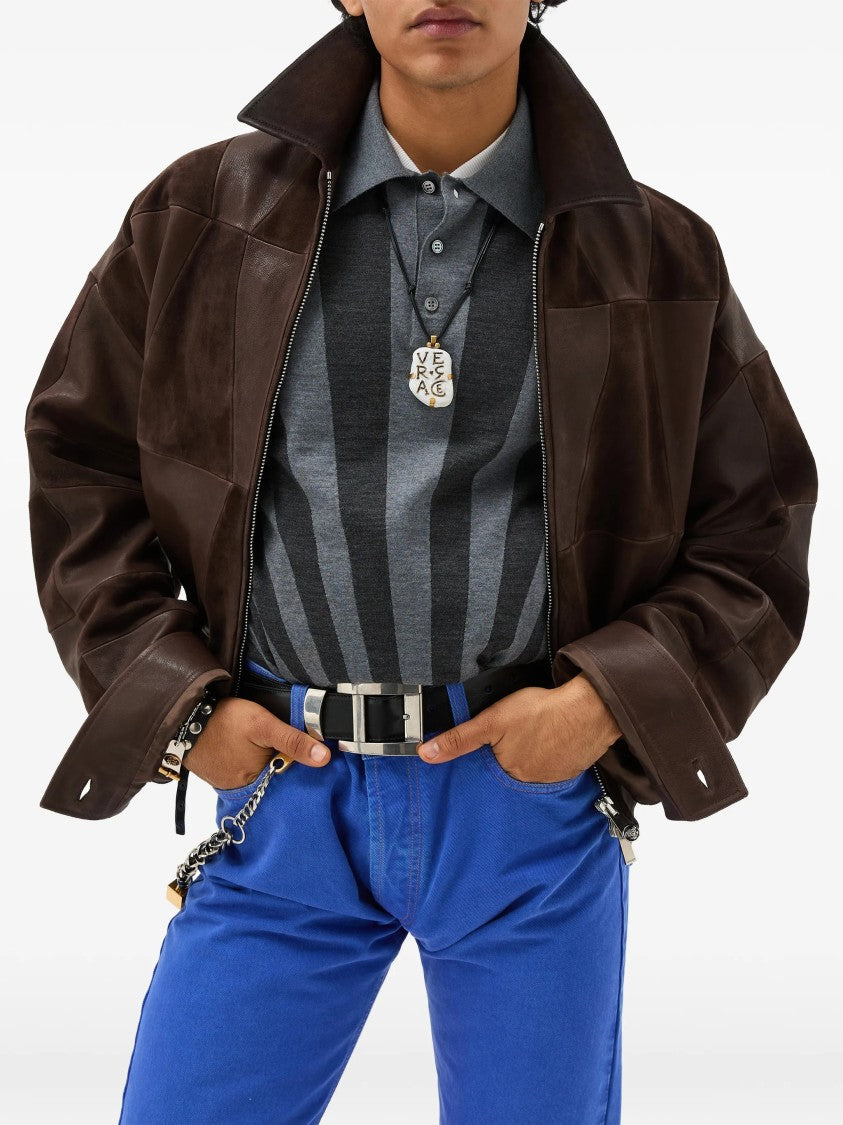 Versace Brown Blouson Leather Patchwork Cropped Jacket