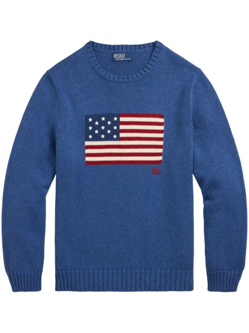 Polo Ralph Lauren Crew Neck Cotton Sweater With American Flag Print