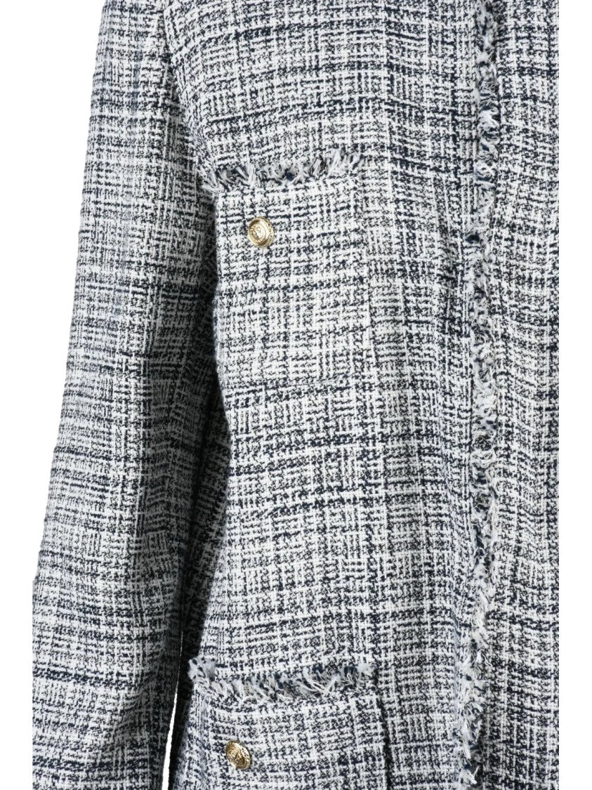 Emme By Marella Textured Bouclé Jacket With Checkered Pattern And Gold-Tone Accents