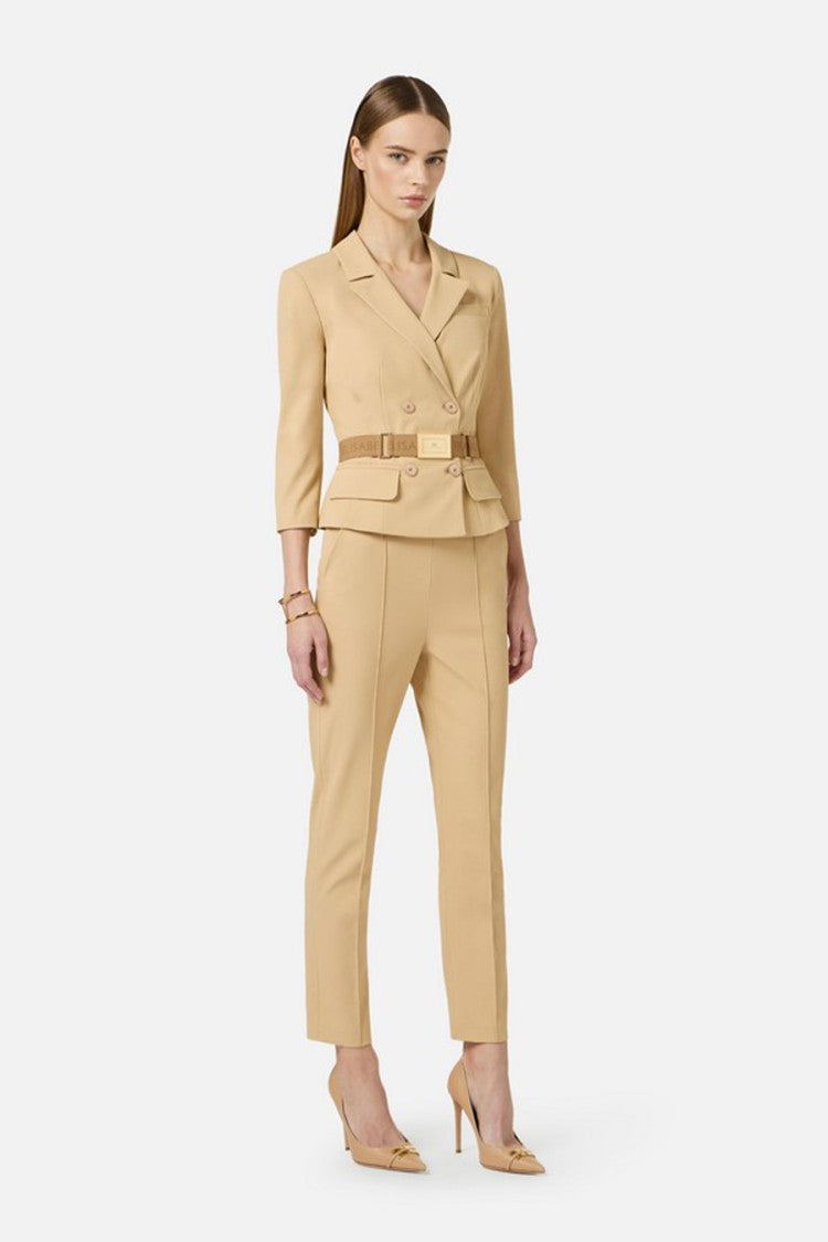 Elisabetta Franchi Camel Gold-Buckle Logo Belt Polyamide-Blend Cropped Pants