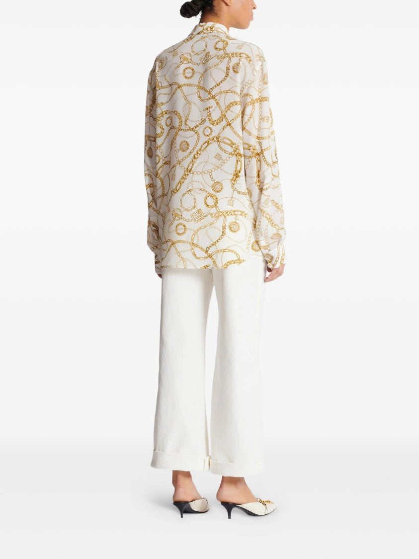 Balmain White Ls Shirt Chain Print Silk Shirt