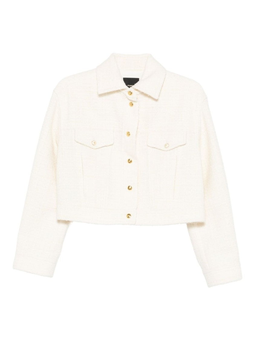 Pinko Cropped White Jacket With Classic Collar And Gold-Tone Buttons