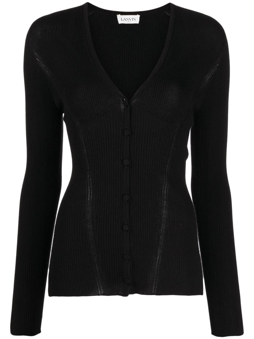 Lanvin Black Engineered Cardigan Ribbed Cashmere Cardigan