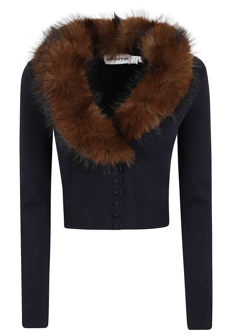 Self-Portrait Cropped Knit Cardigan With Removable Faux Fur Collar