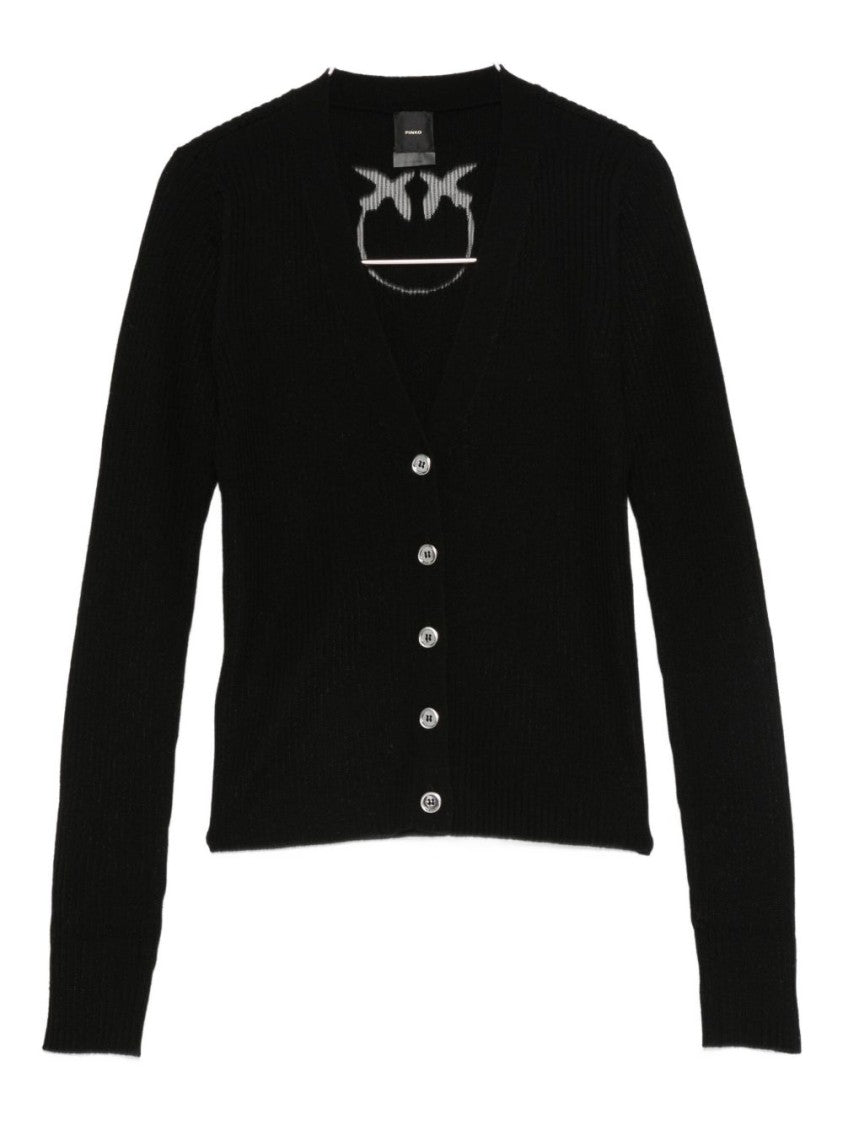 Pinko Fitted Black Cardigan With Ribbed Texture