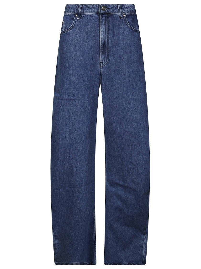 Rotate Draped Barrel Leg Mid-Rise Jeans
