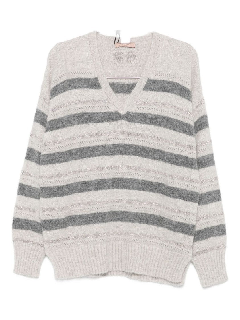 Twin-Set Horizontal Stripe Knit Sweater With V-Neckline
