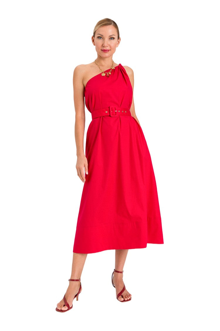 Twin-Set One-Shoulder Belted Asymmetrical Midi Dress