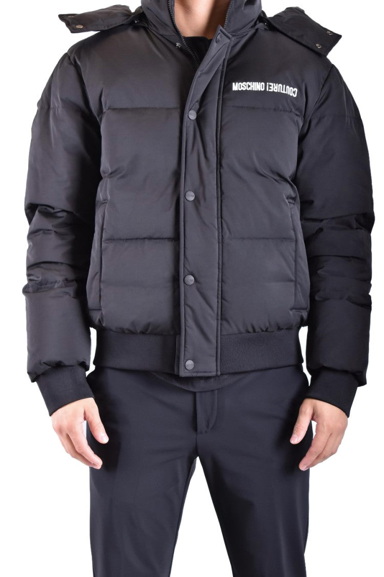 Moschino Puffy Black Jacket With Hood And Iconic Logo Detail