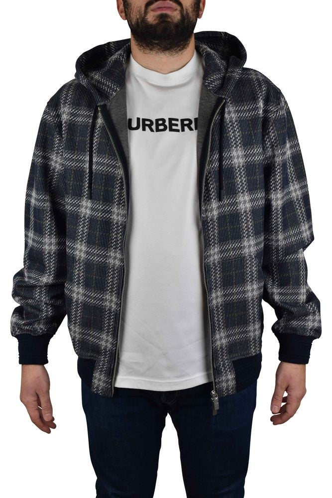 Burberry Hooded Navy-Blue Heavy Cotton Vest With Checkered Pattern