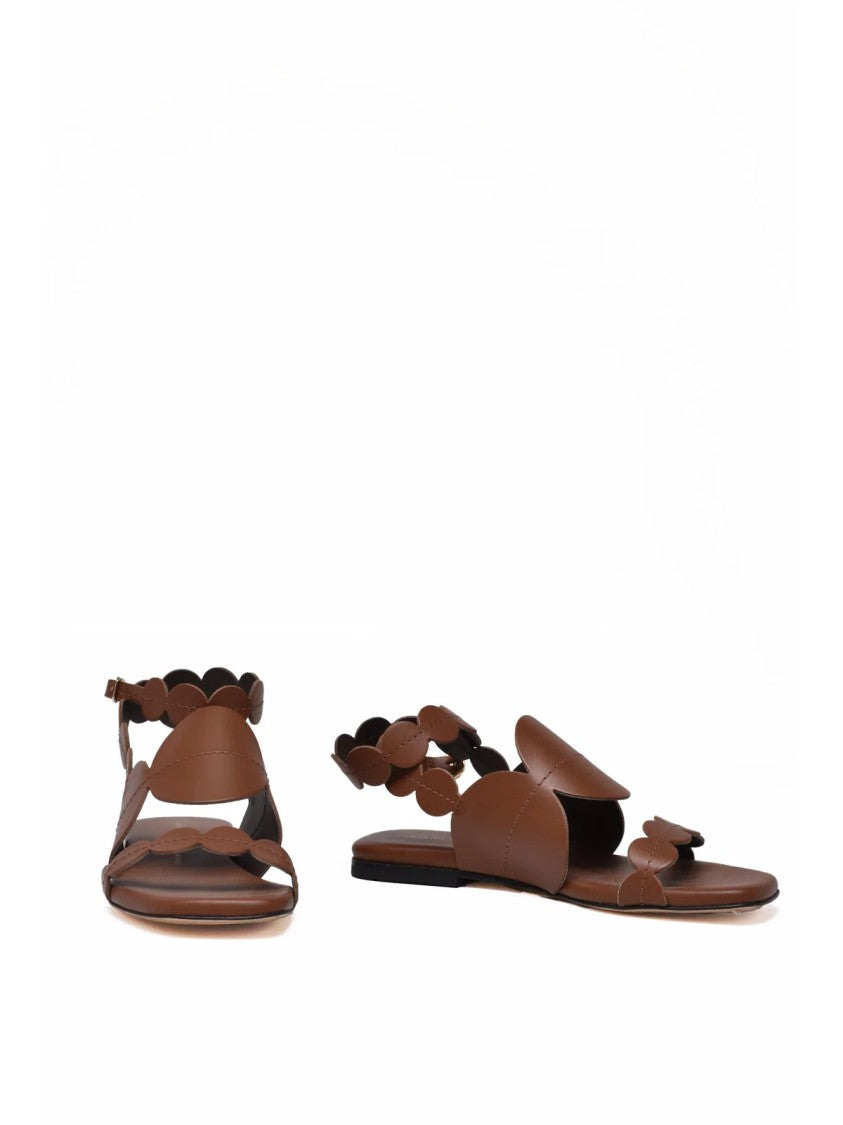 Liviana Conti Brown Minimalist Scalloped Strap Flat Leather Sandals