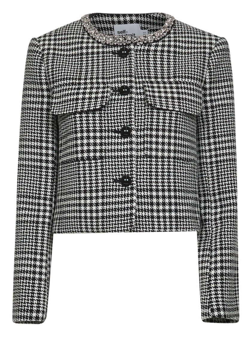 Self-Portrait Cropped Houndstooth Jacket With Flap Chest Pockets
