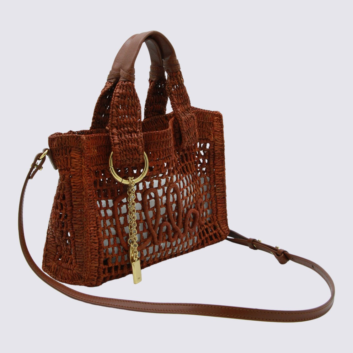 Chloé Woven Open-Weave Brown Bag With Gold-Accent Details
