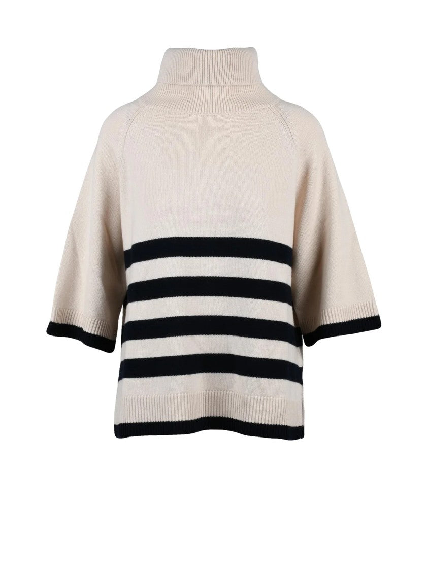 Gran Sasso Short Sleeve Turtleneck Sweater With Navy Stripe Accents
