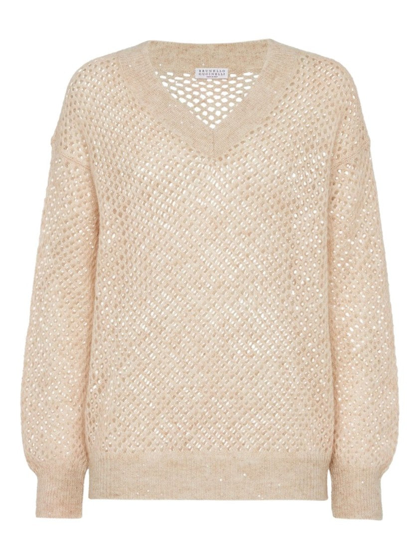 Brunello Cucinelli Deep V-Neck Open Knit Sweater