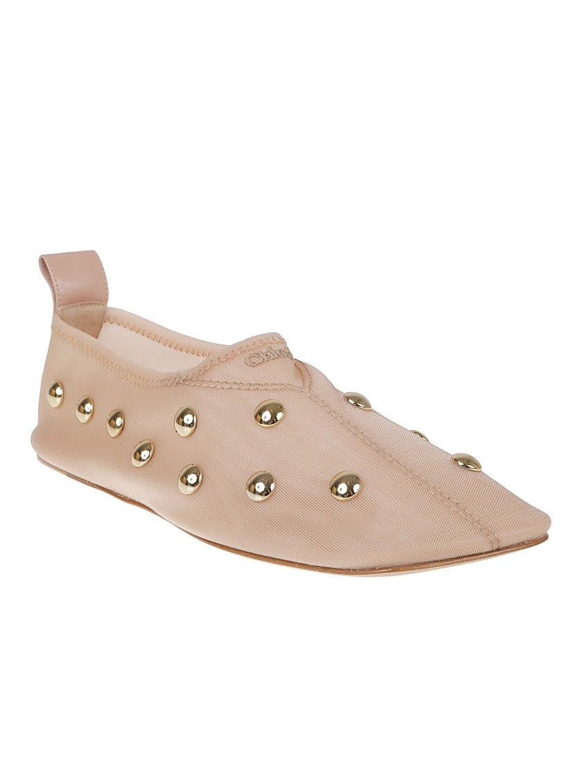 Chloé Pointed Toe Flats With Gold-Studded Upper And Pull Tab