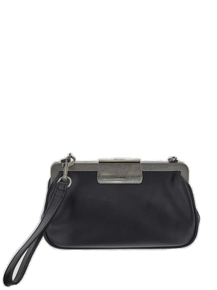 Max Mara Rounded Black Leather Clutch With Metallic Clasp