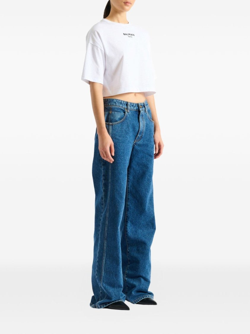 Balmain White Embroidered Cropped Ribbed Logo T-Shirt